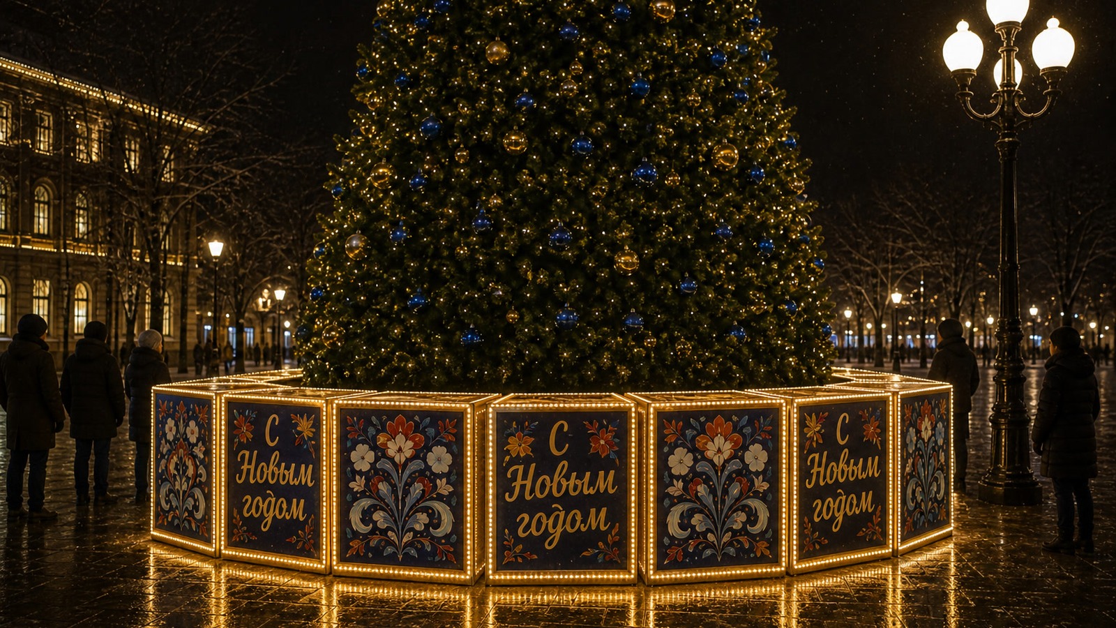 Ограждение уличной ёлки с росписью и LED-контуром — ZAVOD FIGUR