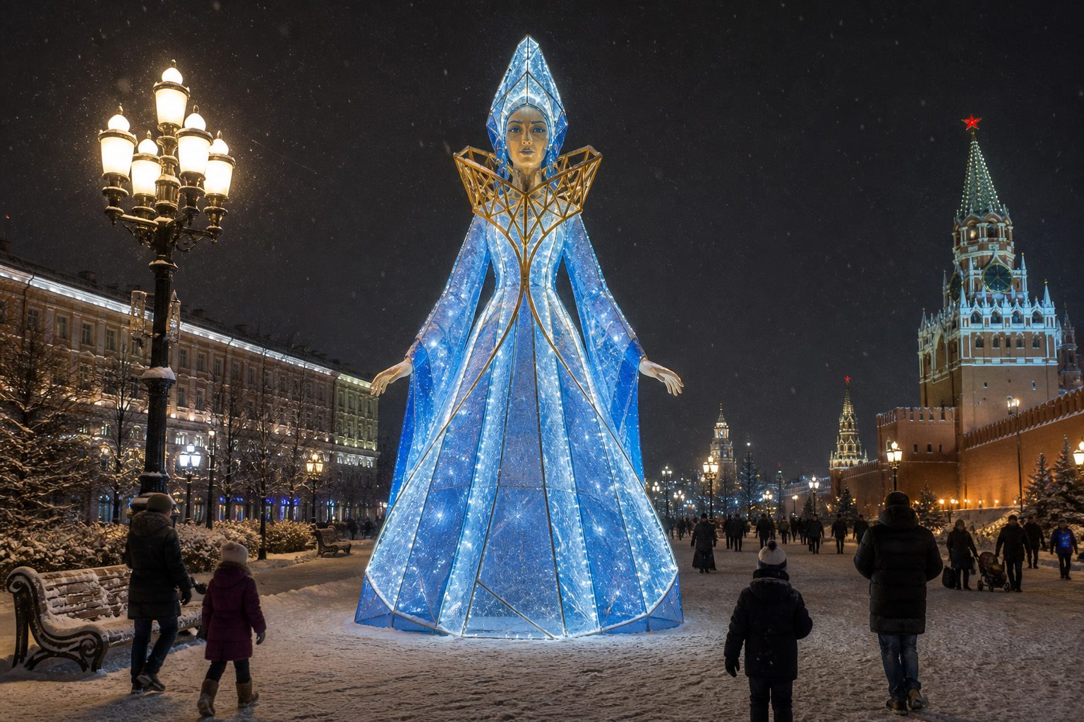 Визуализация крупной световой фигуры Снегурочки для площади. Сезон 2027.