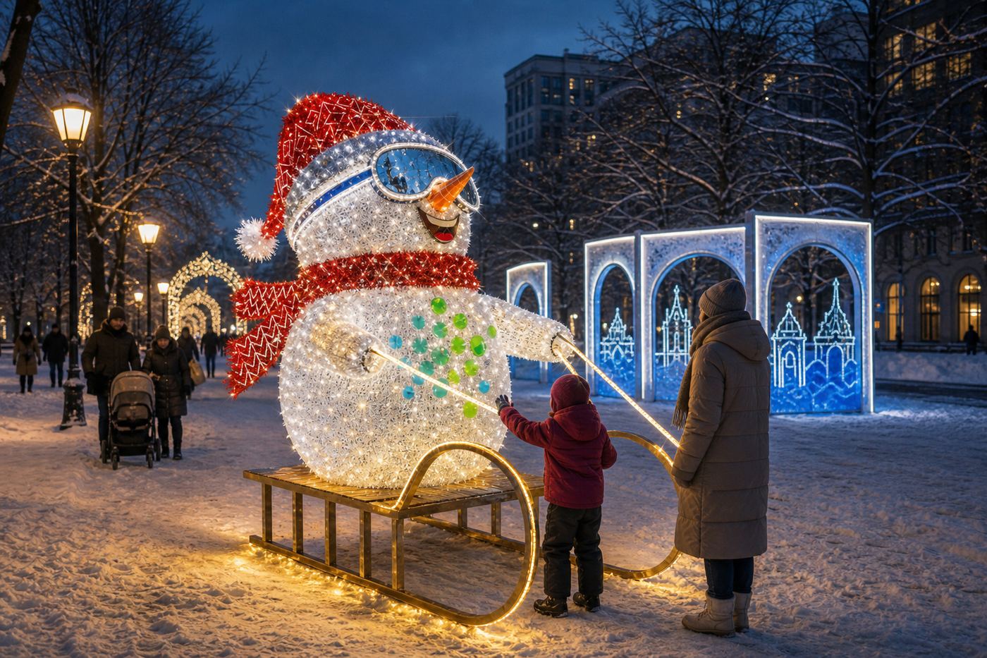 Новогодние фигуры из мишуры «Снеговик на санях»