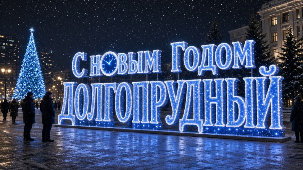 Световая надпись «С новым годом Долгопрудный» с мишурой
