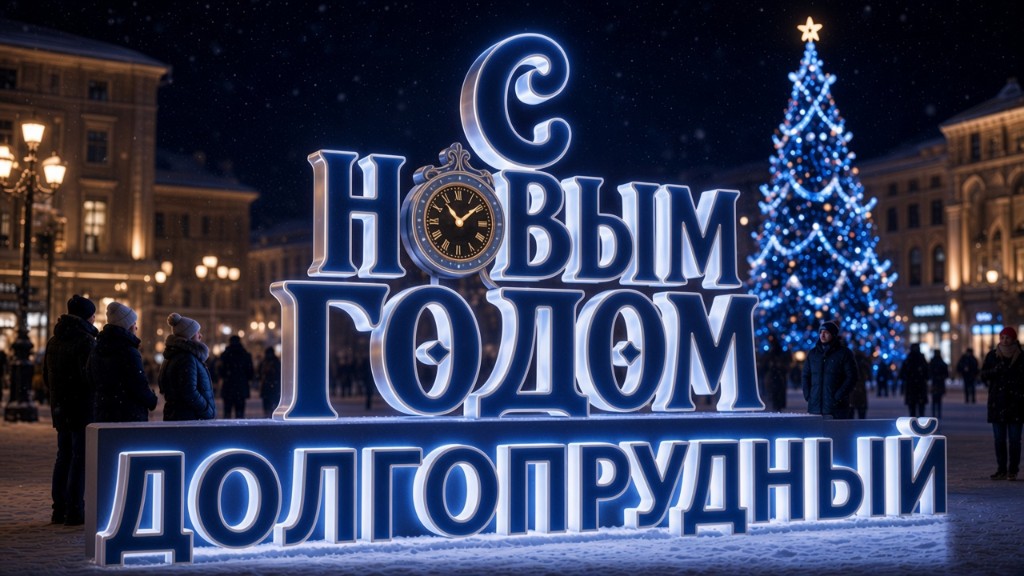 Световая надпись «С новым годом Долгопрудный» витражная