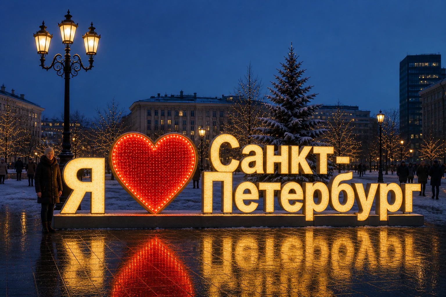Концепция новогоднего оформления Санкт-Петербурга: световой корабль и волны на набережной.